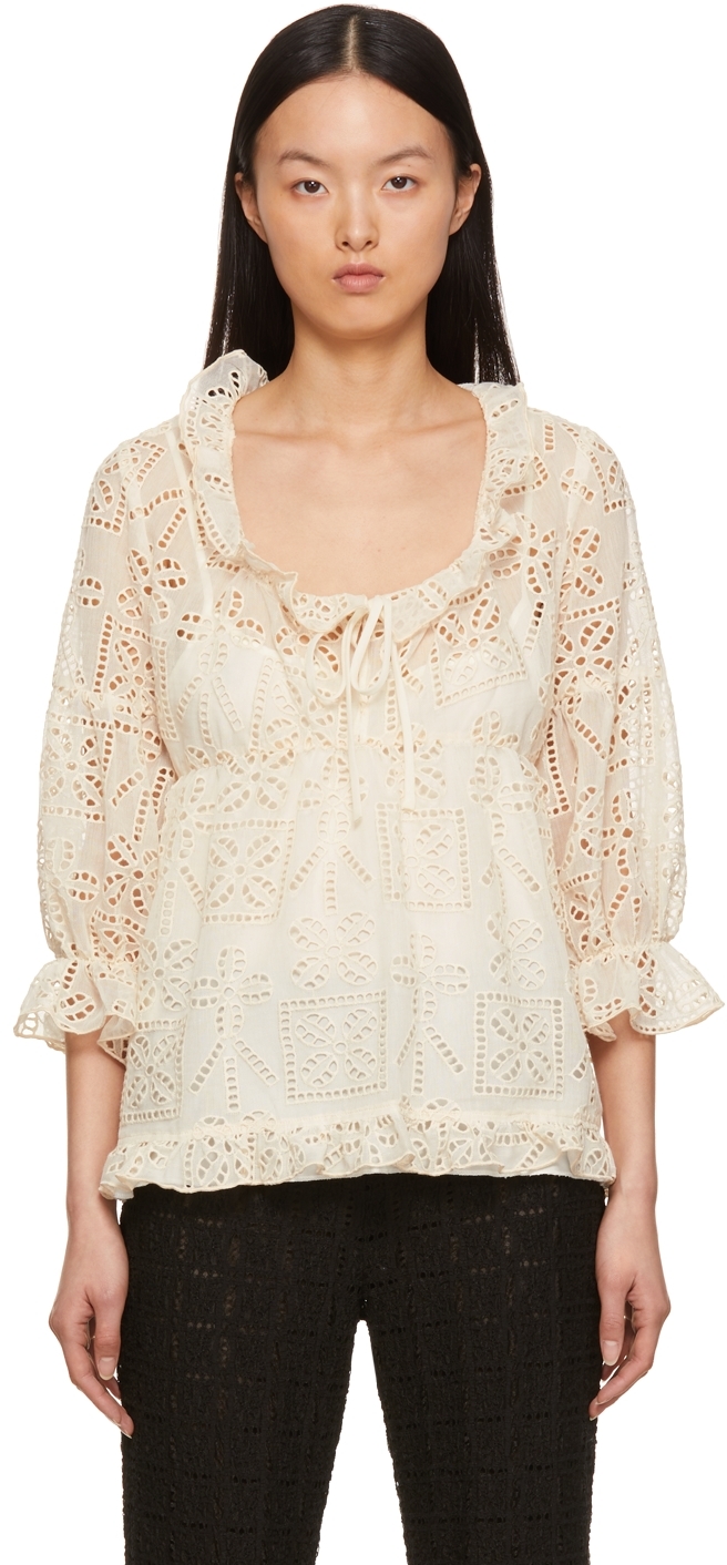 Anna Sui Beige Aesthetic Eyelet Top