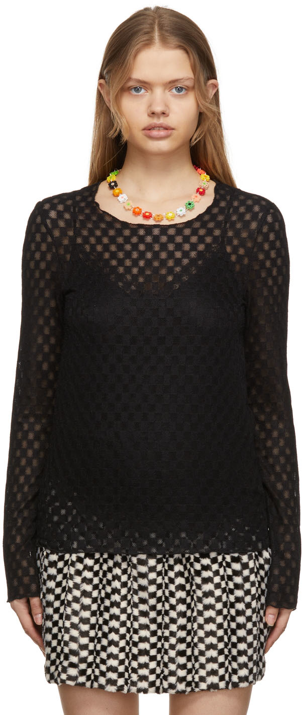 Anna Sui Black Checkered Mesh Long Sleeve Shirt