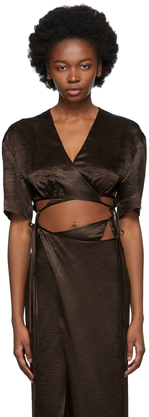 Brown Wrap Top T-Shirt by Yuzefi on Sale