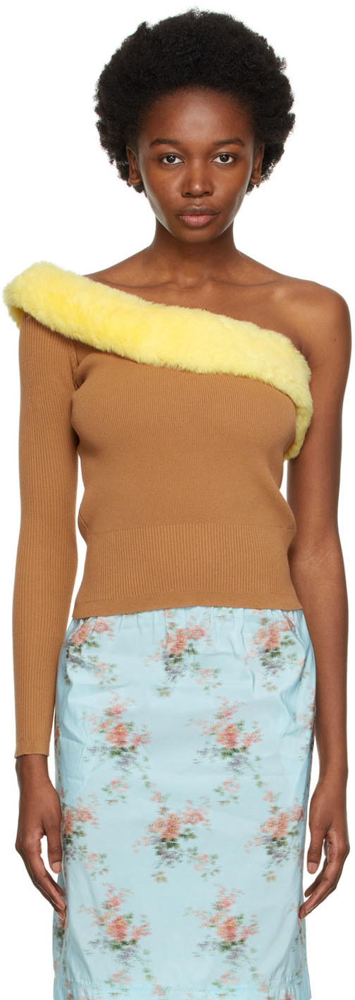 Tan & Yellow Open Shoulder Sweater