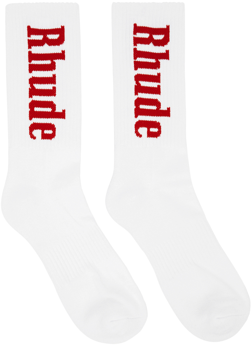 Rhude White & Red Vertical Logo Socks