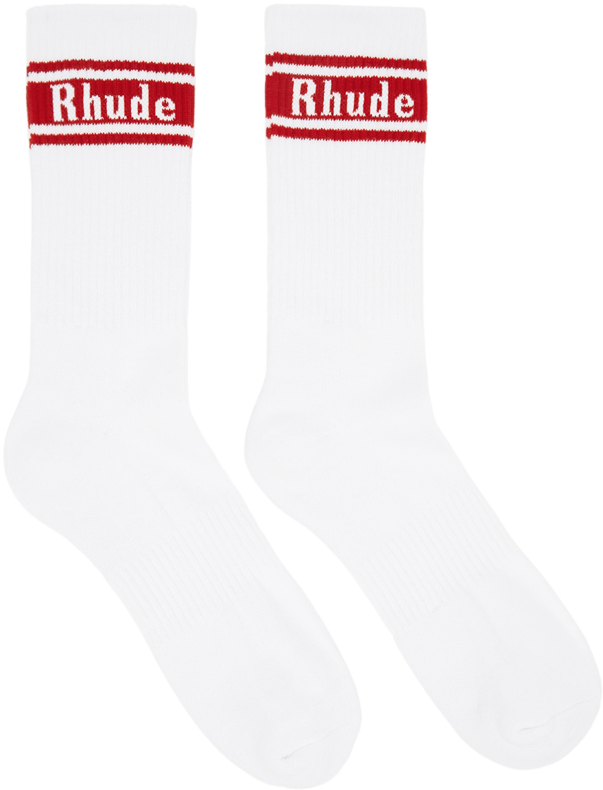 Rhude White & Red Stripe Logo Socks