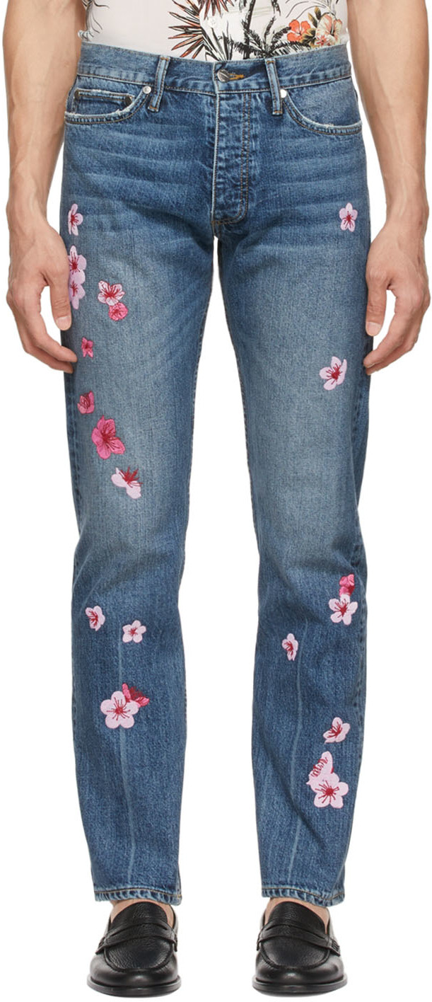 Rhude Blossom Embroidered Jeans In Indigo
