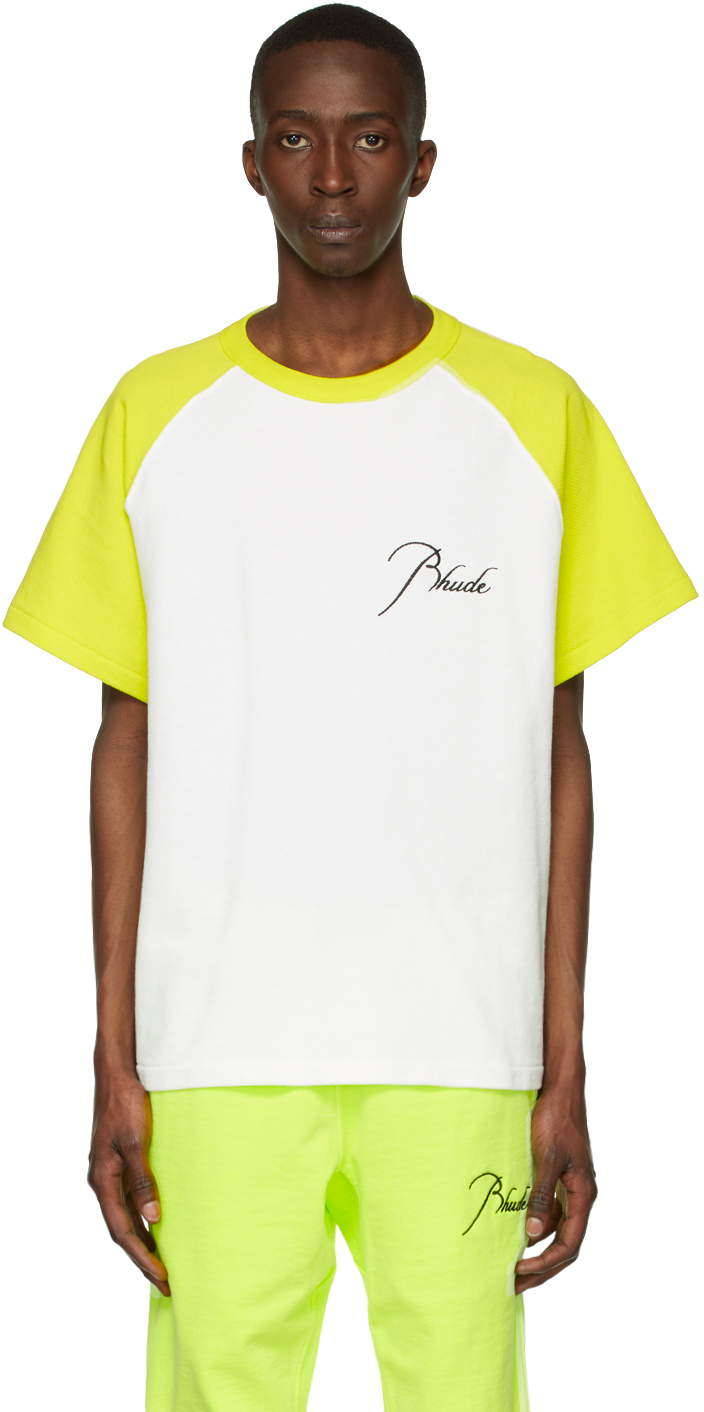 Rhude: White & Yellow Piqué Raglan T-Shirt | SSENSE