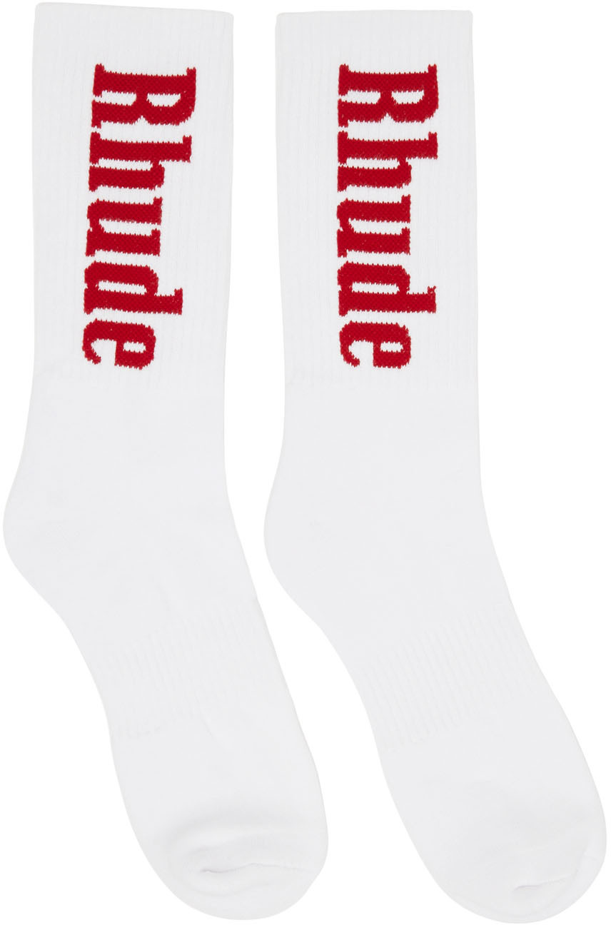 Rhude White & Red Vertical Logo Sock