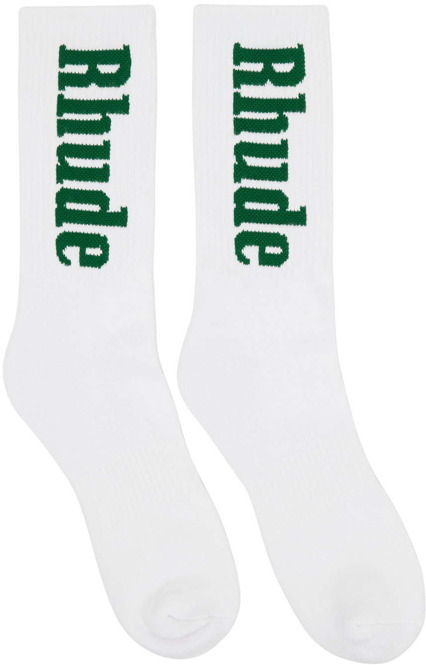 Rhude White & Green Vertical Logo Socks