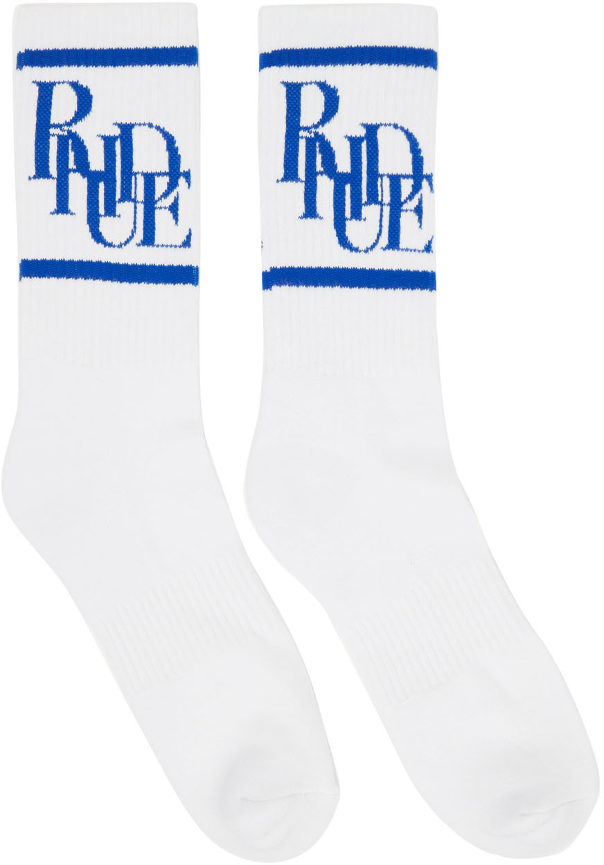Rhude White & Blue Scramble Logo Socks