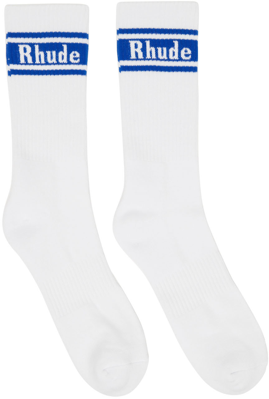Rhude White & Blue Stripe Logo Socks