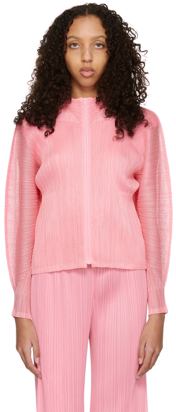 Pleats Please Issey Miyake: Pink Tatami March Zip-Up Sweater | SSENSE