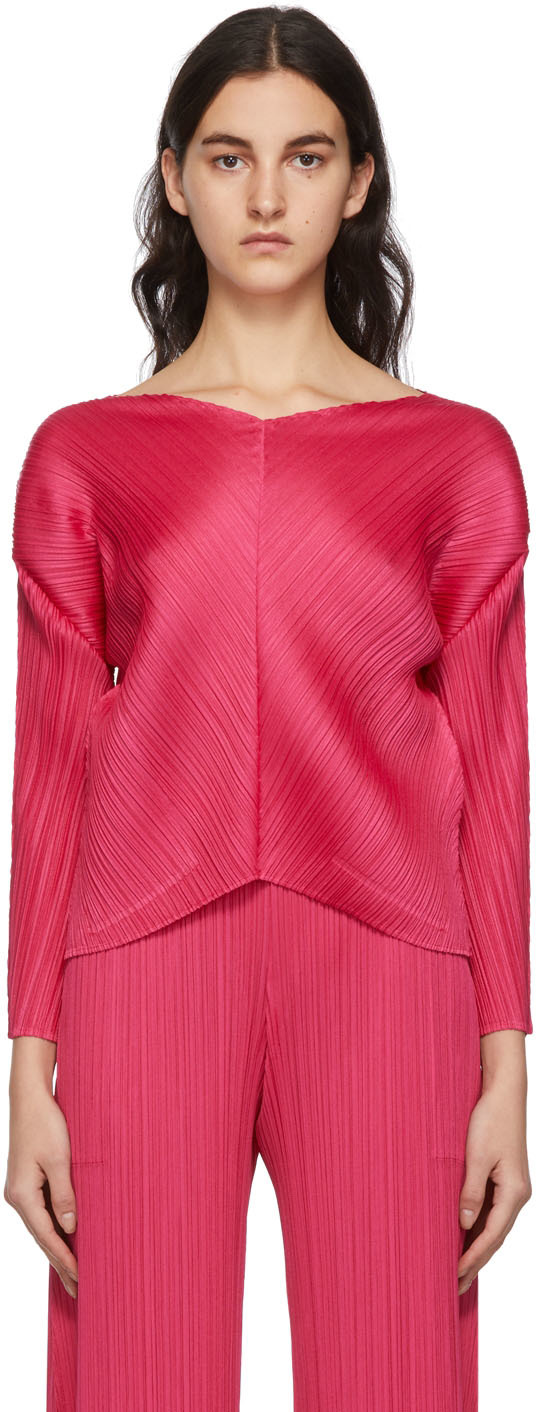 Pleats Please Issey Miyake: Pink Tap V-Neck Sweater | SSENSE Canada