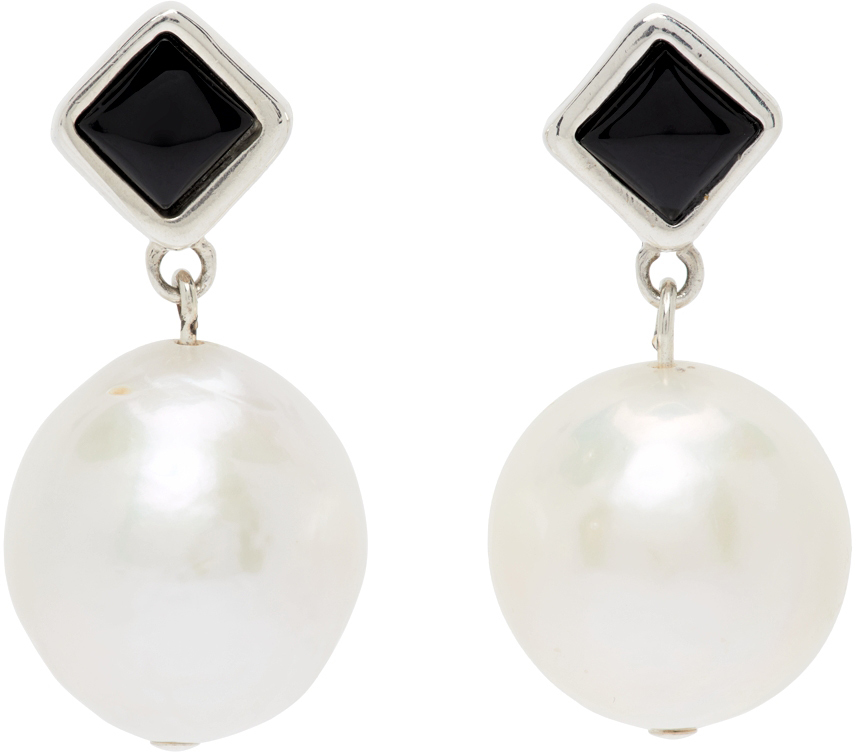 Sophie Buhai: Silver Small Pearl & Onyx Mer Earrings | SSENSE Canada