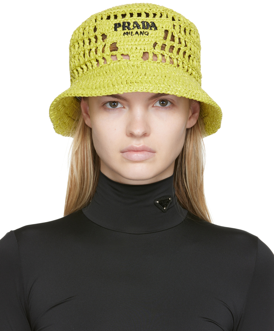 Prada: Yellow Raffia Bucket Hat | SSENSE Canada
