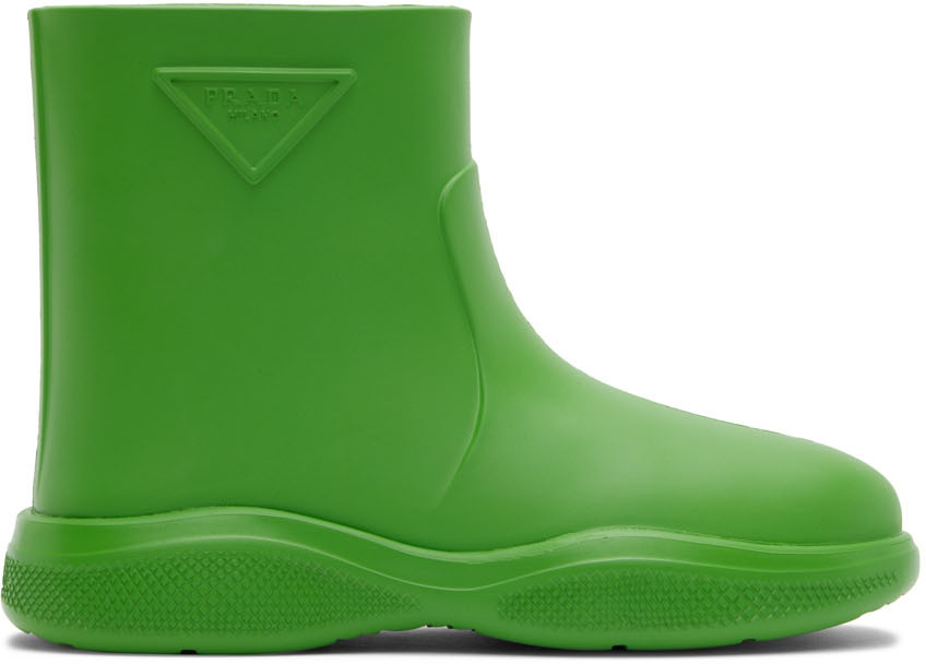Prada: Green Rubber Ankle Boots | SSENSE Canada