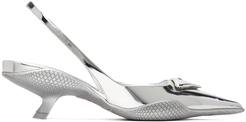 Ass Sobriquette Halve cirkel Prada: Silver Brushed Leather Slingback Heels | SSENSE