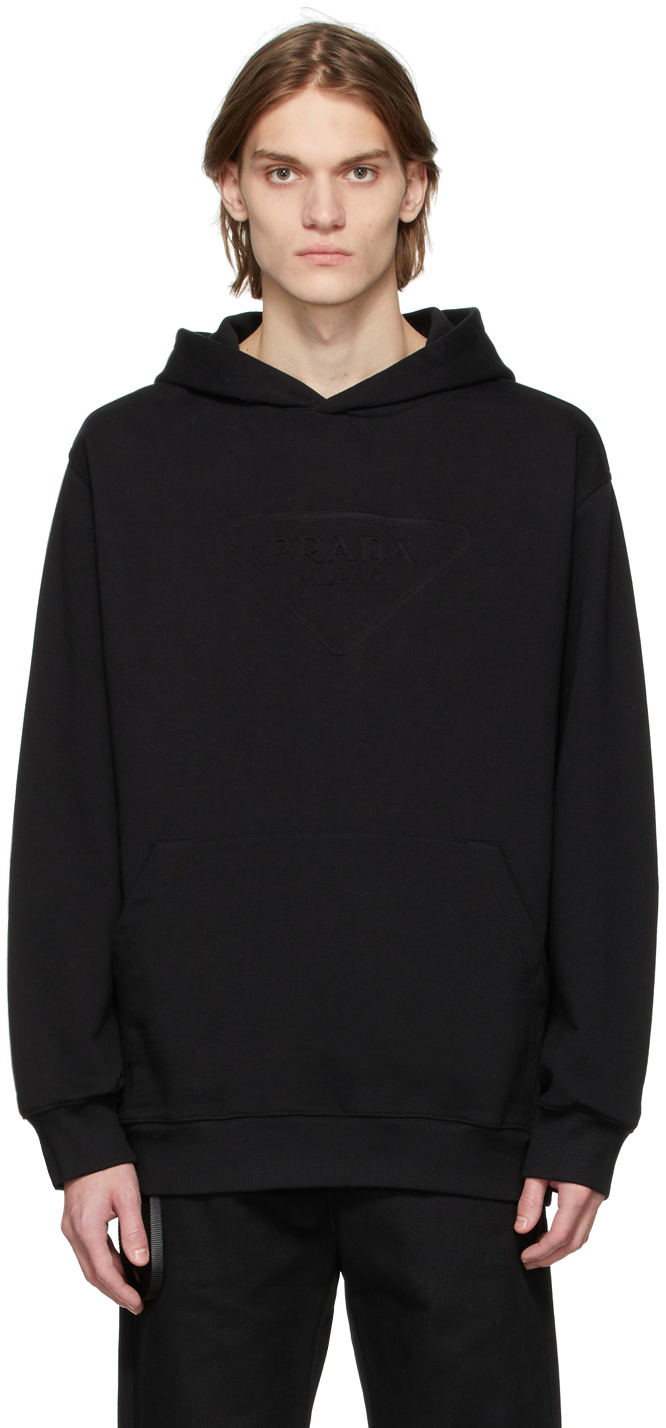 Prada: Black Embossed Logo Hoodie | SSENSE Canada