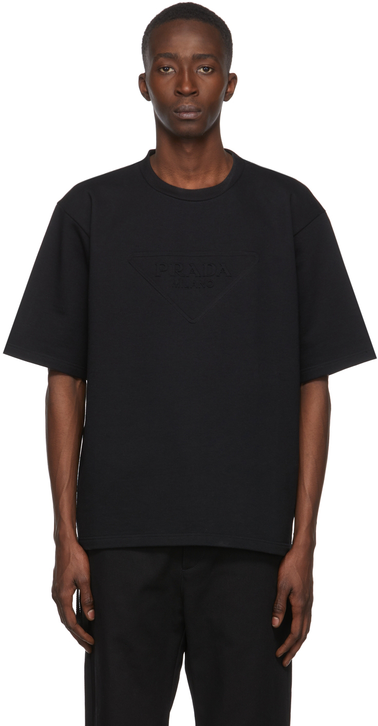 Prada: Black Raised Logo T-Shirt | SSENSE UK