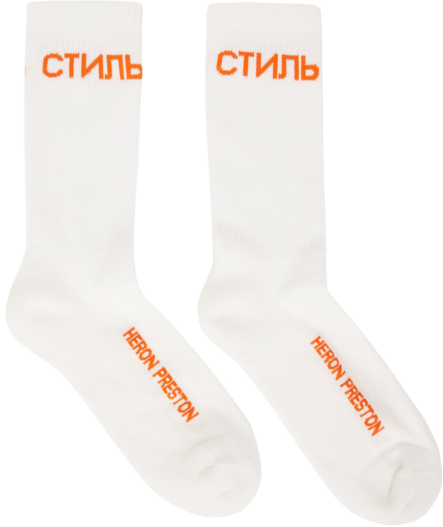 White & Orange Logo Long Socks by Heron Preston on Sale