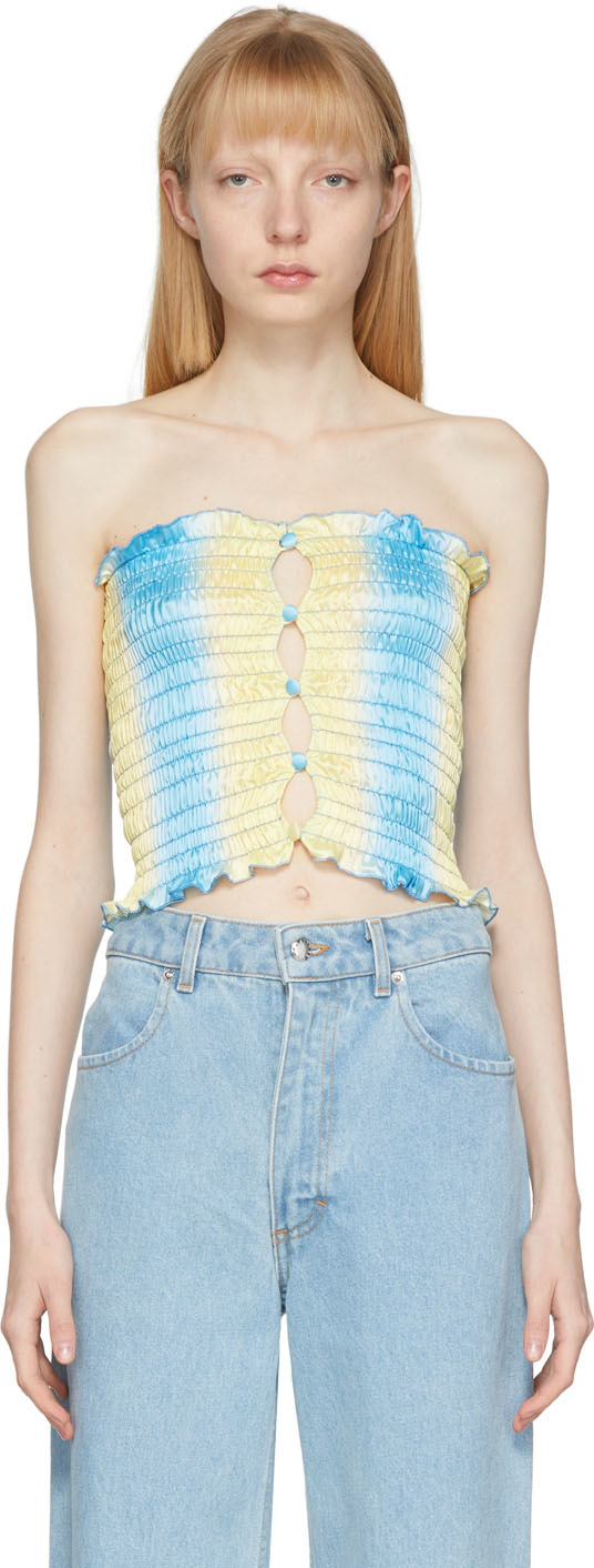 Amy Crookes SSENSE Exclusive Blue & Yellow Shirred Stretch Tube Top