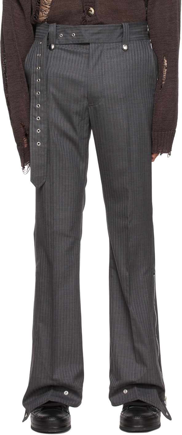 Yuki Hashimoto Grey Polyester Trousers In Grey Stripe | ModeSens