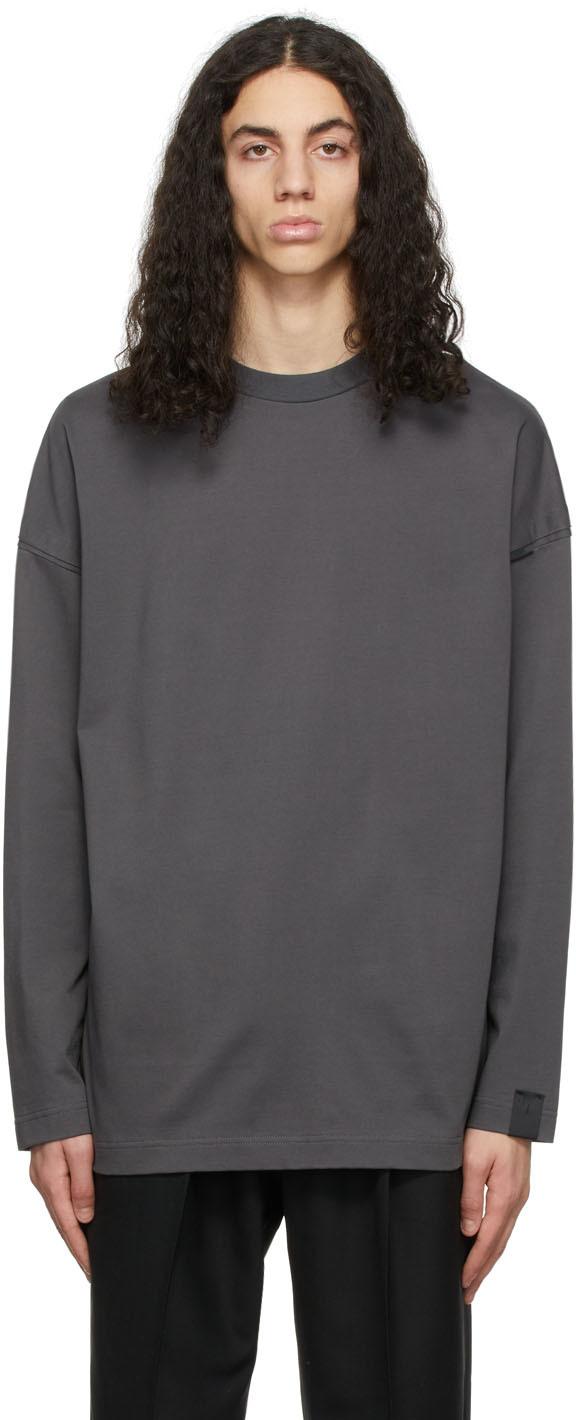 N.Hoolywood Grey Cotton Long Sleeve T-Shirt | Smart Closet