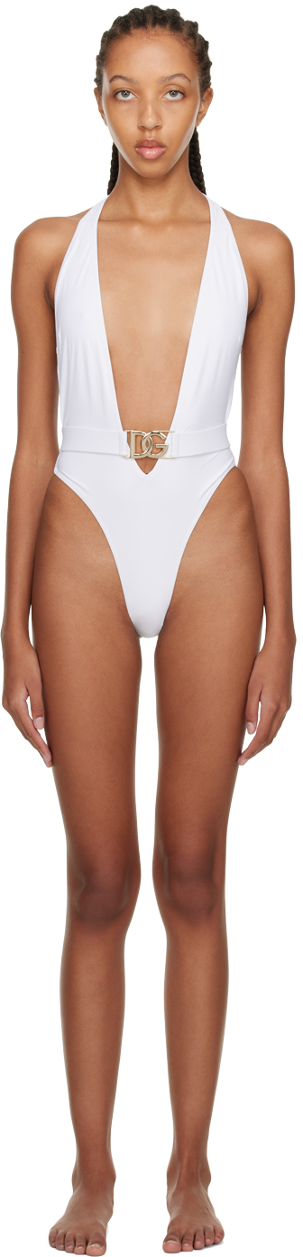 White Plunging One-Piece Swimsuit