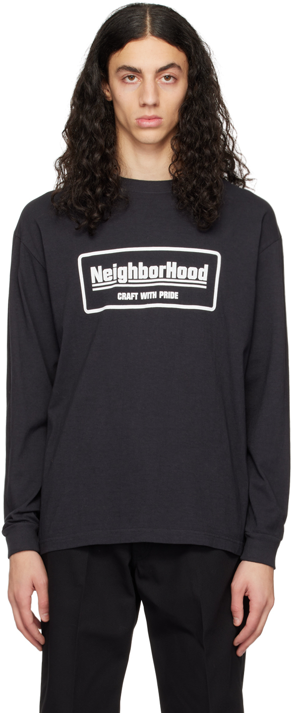 Black Printed Long Sleeve T-Shirt by Neighborhood on Sale