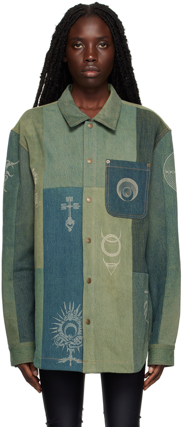 Marine Serre Petrichor Paneled Denim Overshirt In Green | ModeSens