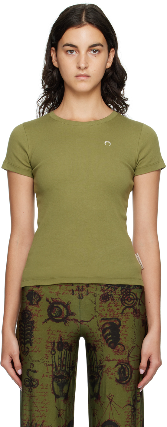Shop Marine Serre Khaki Embroidered T-shirt In 05 Green
