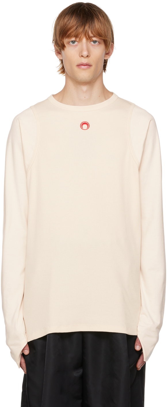 Beige Rib Long Sleeve T-shirt In White