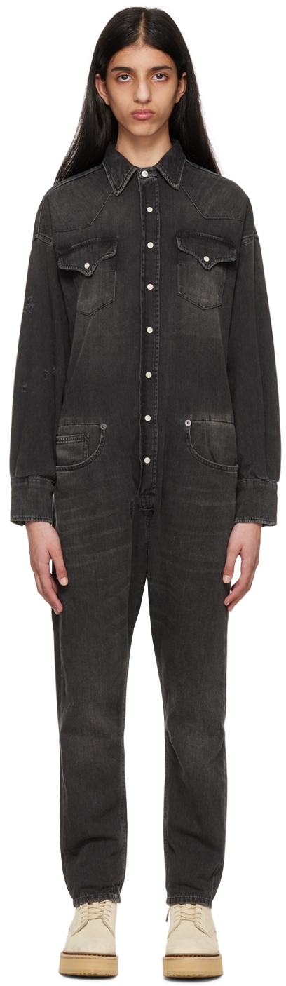 R13 Cowboy Button front Drop Crotch Denim Jumpsuit In Elmore Black