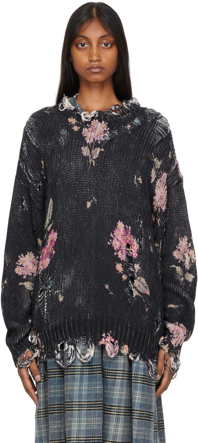 R13 Black Distressed Floral Sweater