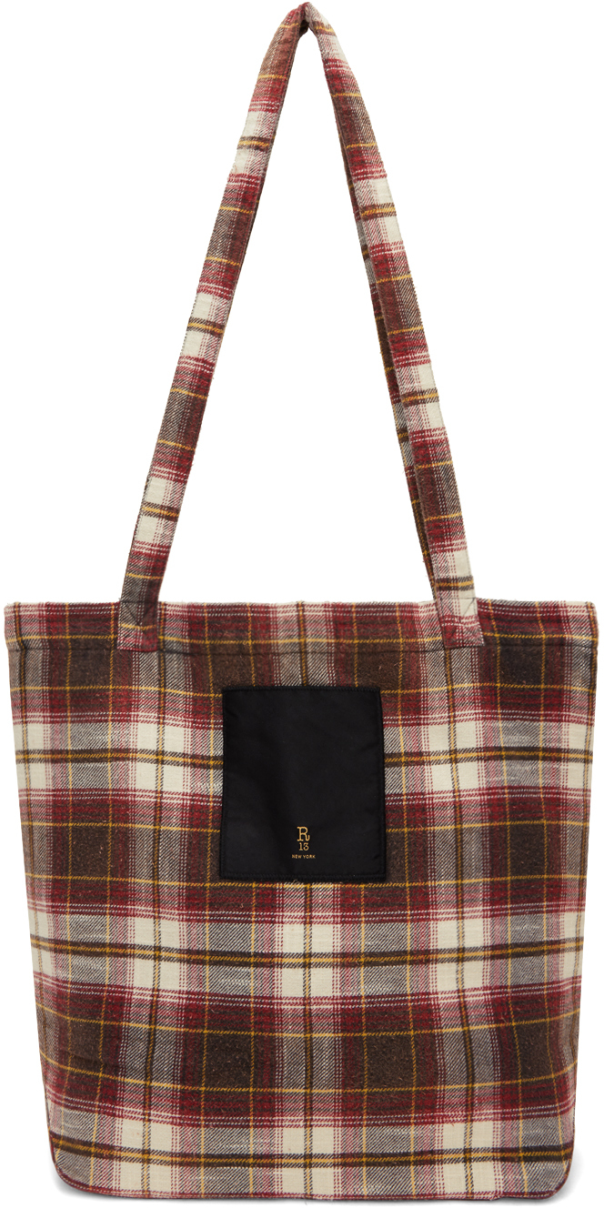 Red Off White Check Tote