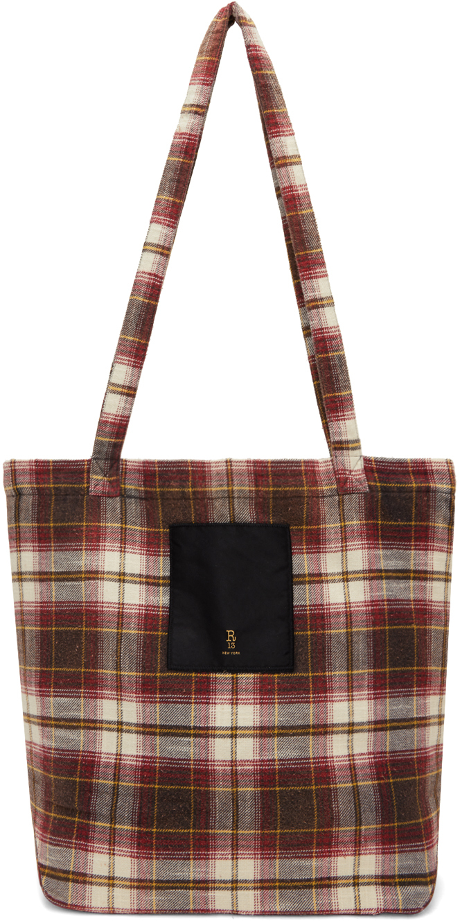 R13 Red & Off-white Check Tote In Ecru/maroon Plaid