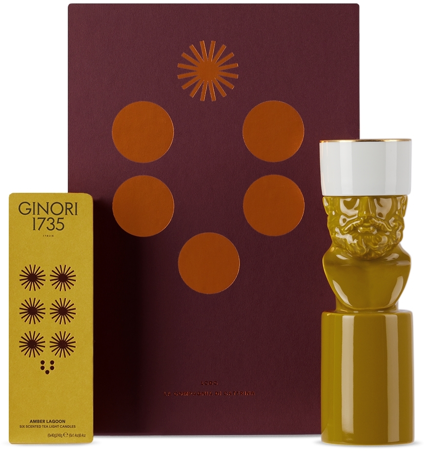 Ginori 1735 Khaki Il Letterato & Amber Lagoon Candelabra In Amber Lagoon