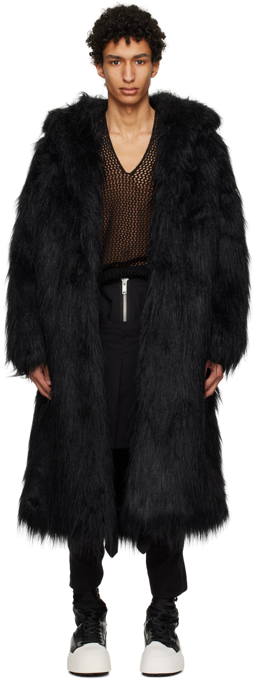 Black Hooded Faux-Fur Coat by Sulvam on Sale