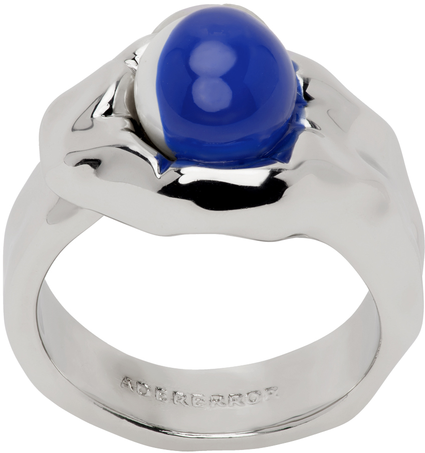 Ssense Uomo Accessori Gioielli Anelli Silver & Blue Enamel Interlocked Ring 