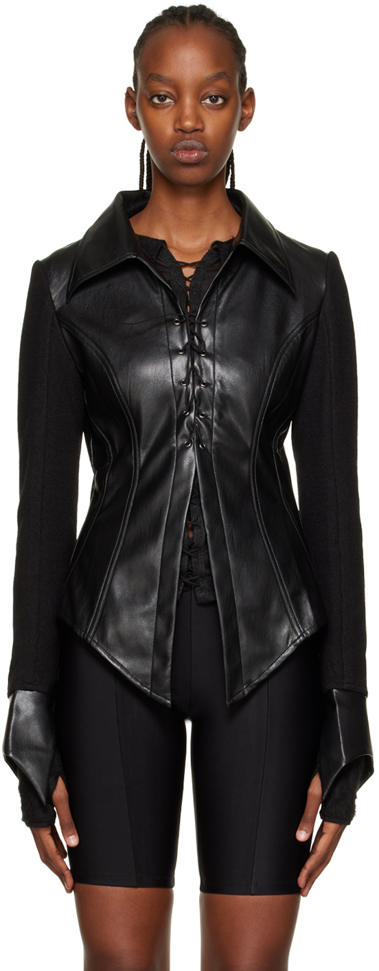 DIDU: Black Patchwork Faux-Leather Shirt | SSENSE
