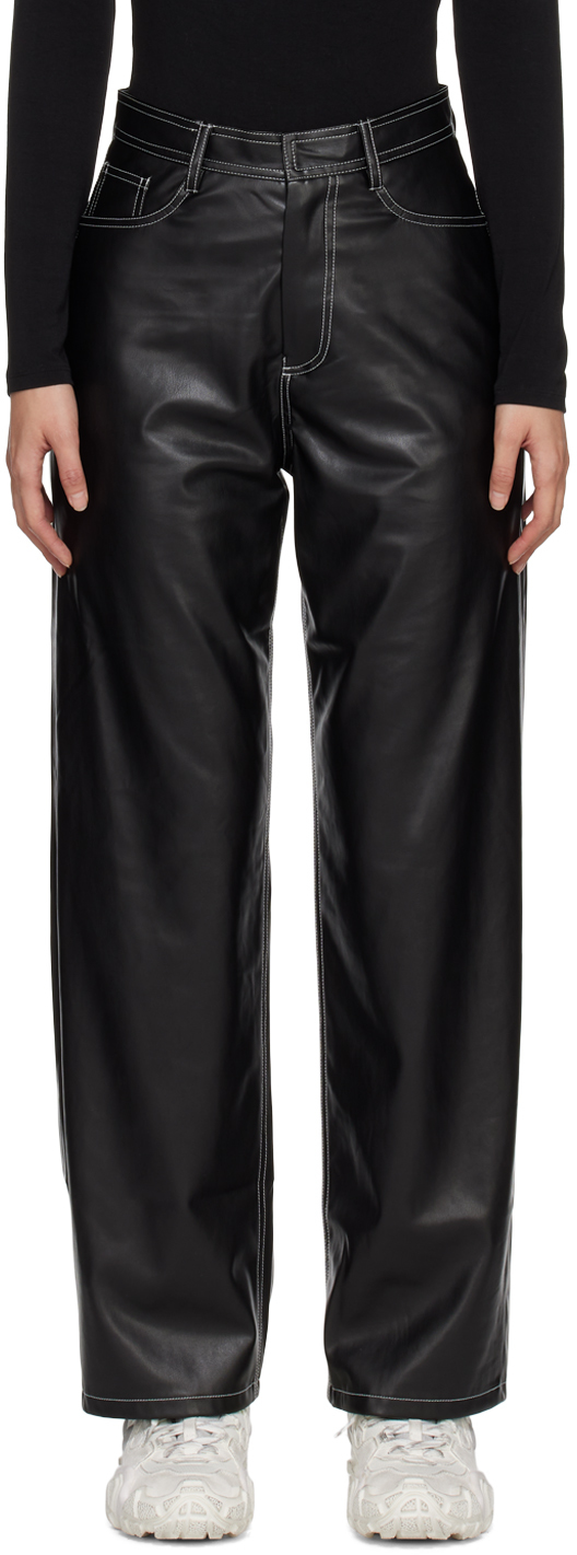 determ; Black Rounded Faux-Leather Trousers