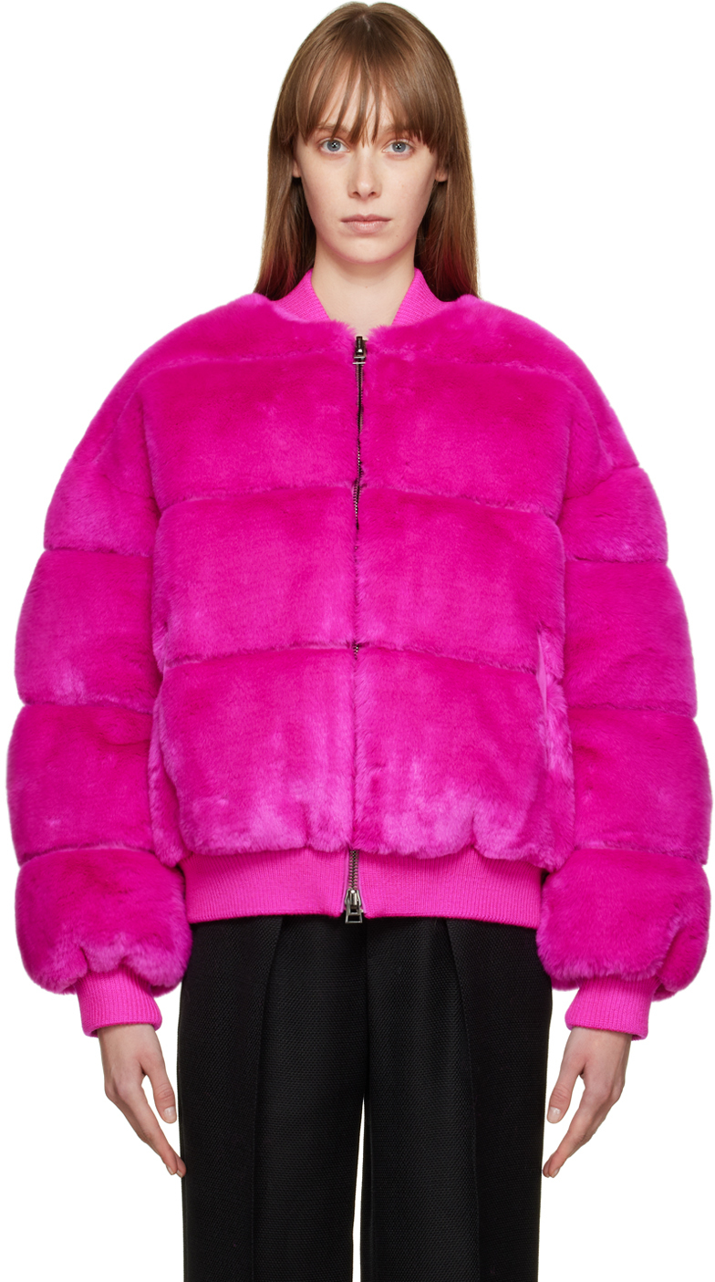 Pink Puffy Faux-Fur Down Bomber Jacket