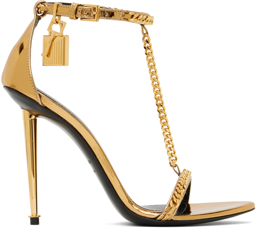 TOM FORD: Gold Padlock Pointy Naked Heeled Sandals | SSENSE