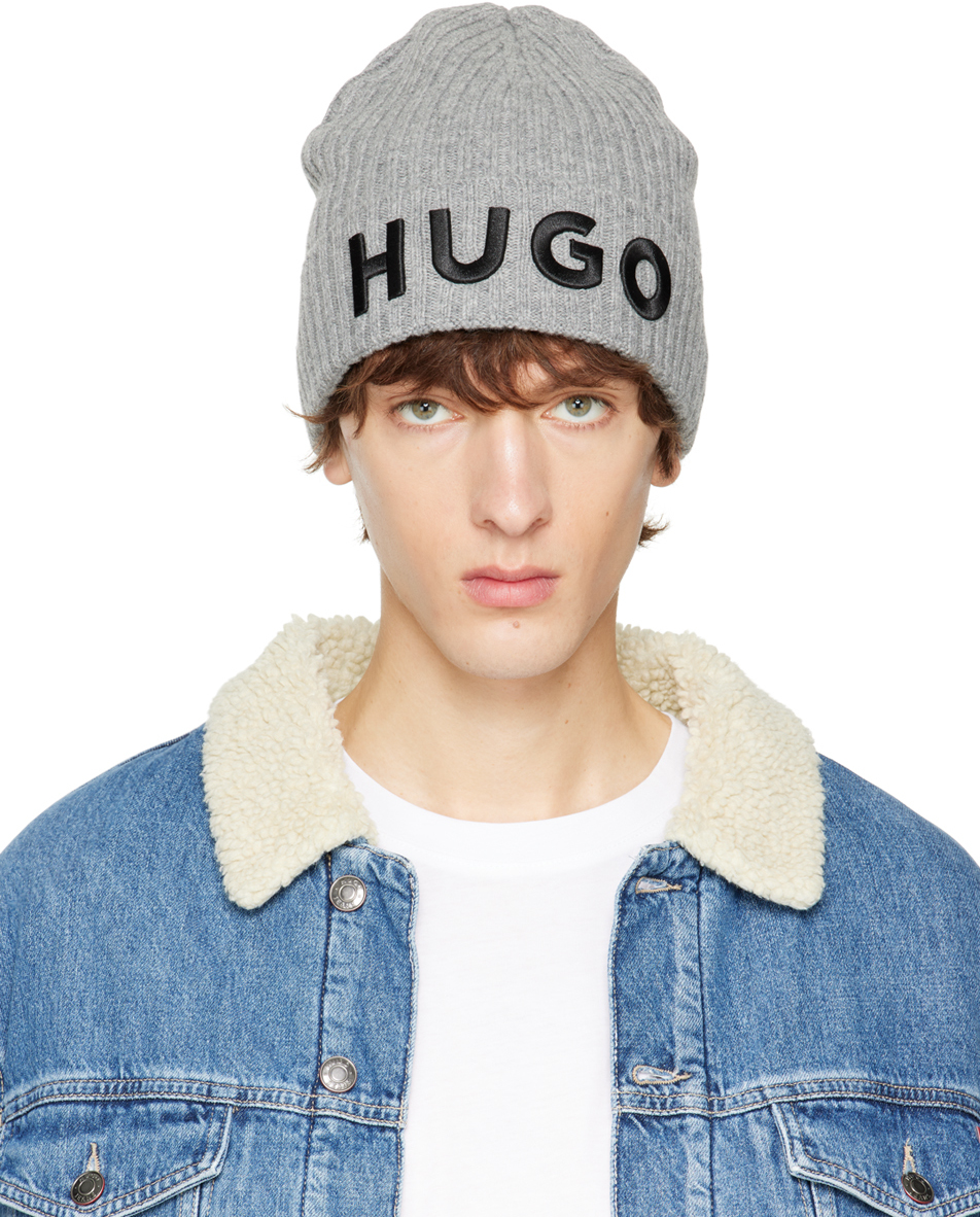 Hugo Grey Embroidered Beanie In Silver