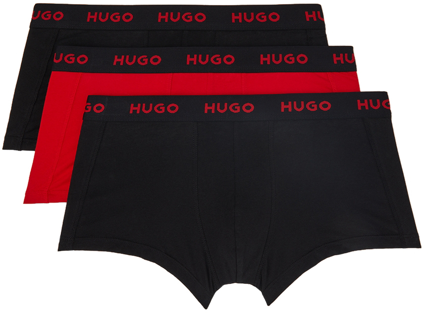Three-Pack Black & Red Logo Boxer Briefs by Hugo on Sale