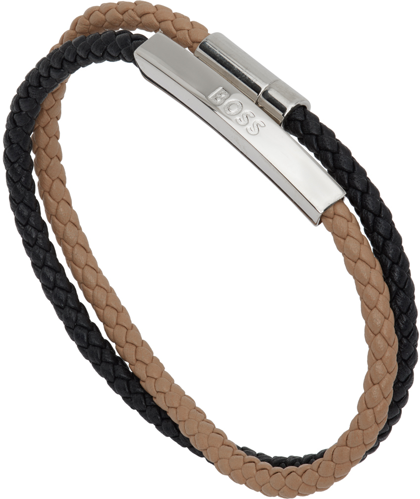 Men's Woven Black and Blue Ion-Plated Stainless Steel Leather Bracelet