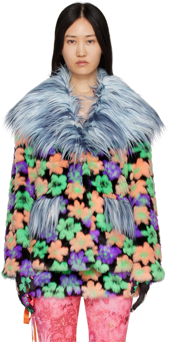 Blue Floral Faux-Fur Jacket