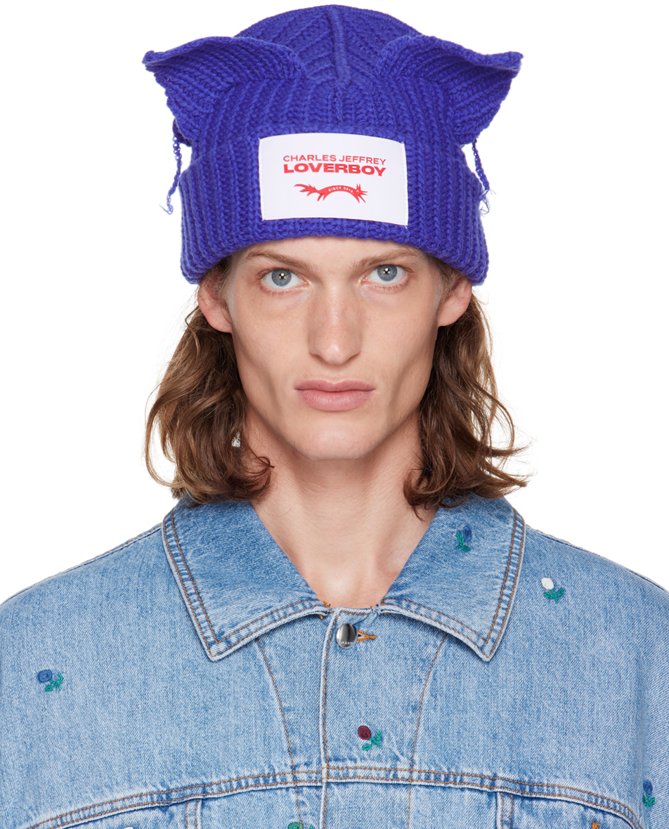 Blue Chunky Ears Beanie by Charles Jeffrey Loverboy on Sale