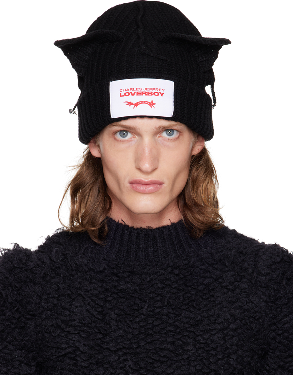 Black Chunky Ears Beanie by Charles Jeffrey Loverboy on Sale