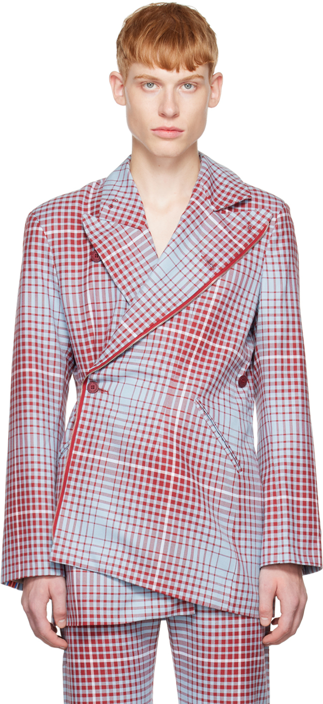 Charles Jeffrey Loverboy Asymmetric Checked Cotton Jacket In Blue Red