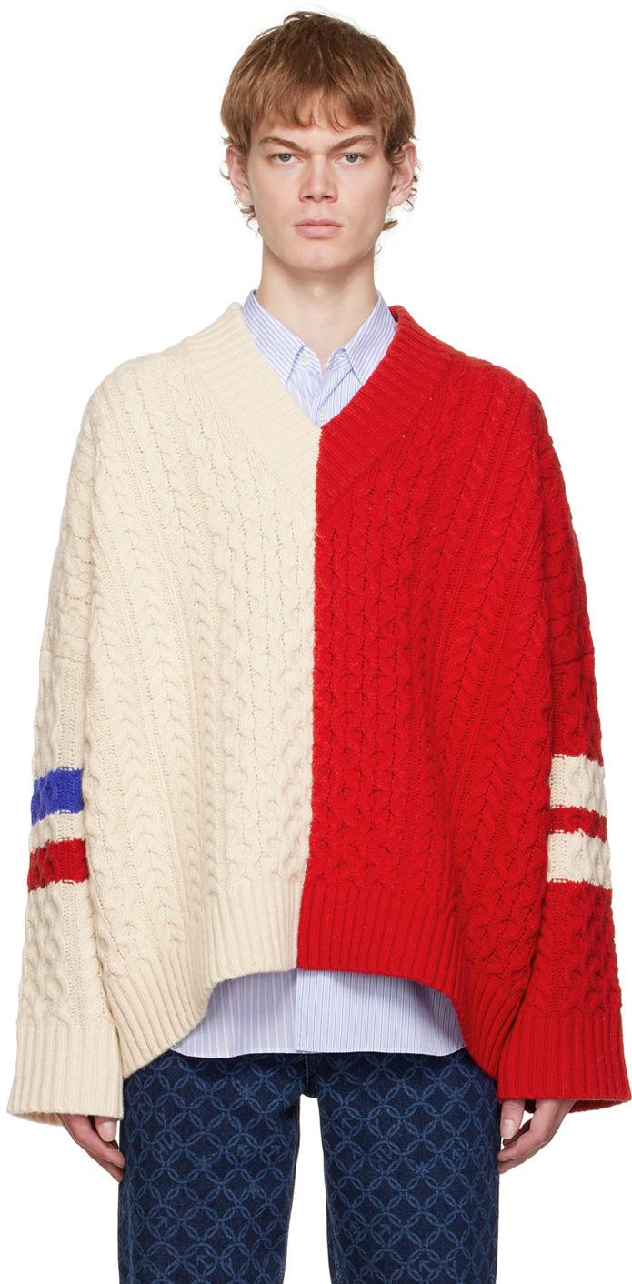 Charles Jeffrey Loverboy Off-White & Red College Cricket Sweater