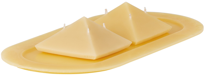 Hands Yellow Pyramid Candles & Tray Set In Natural