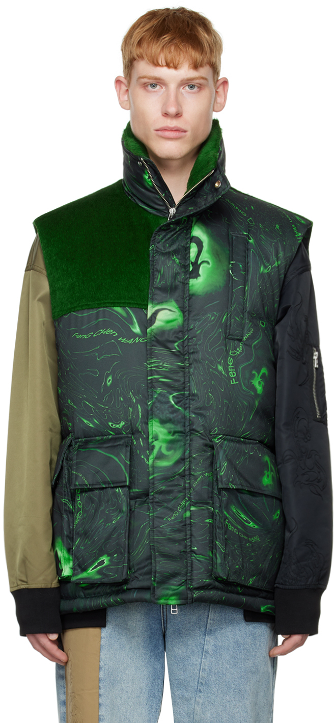 Black & Green Graphic Down Vest